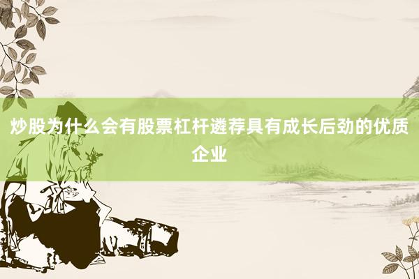 炒股为什么会有股票杠杆遴荐具有成长后劲的优质企业